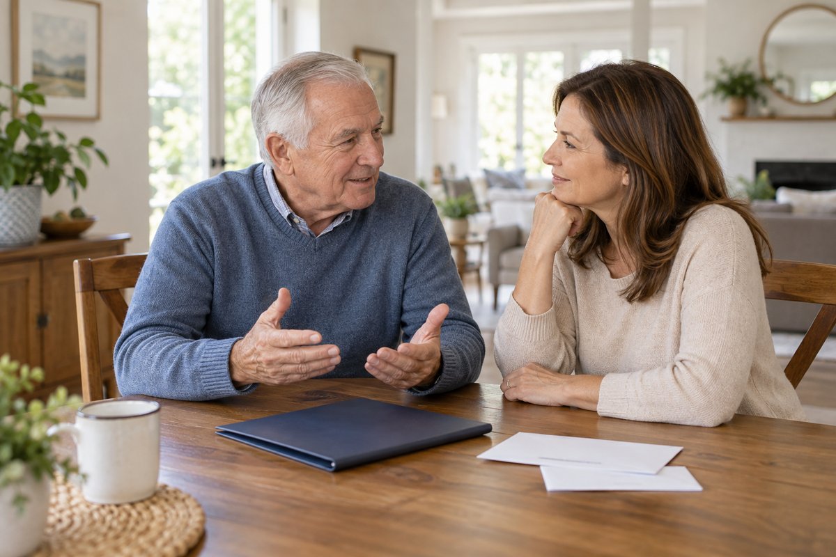 Older father and adult daughter discussing household mail together at a dining table