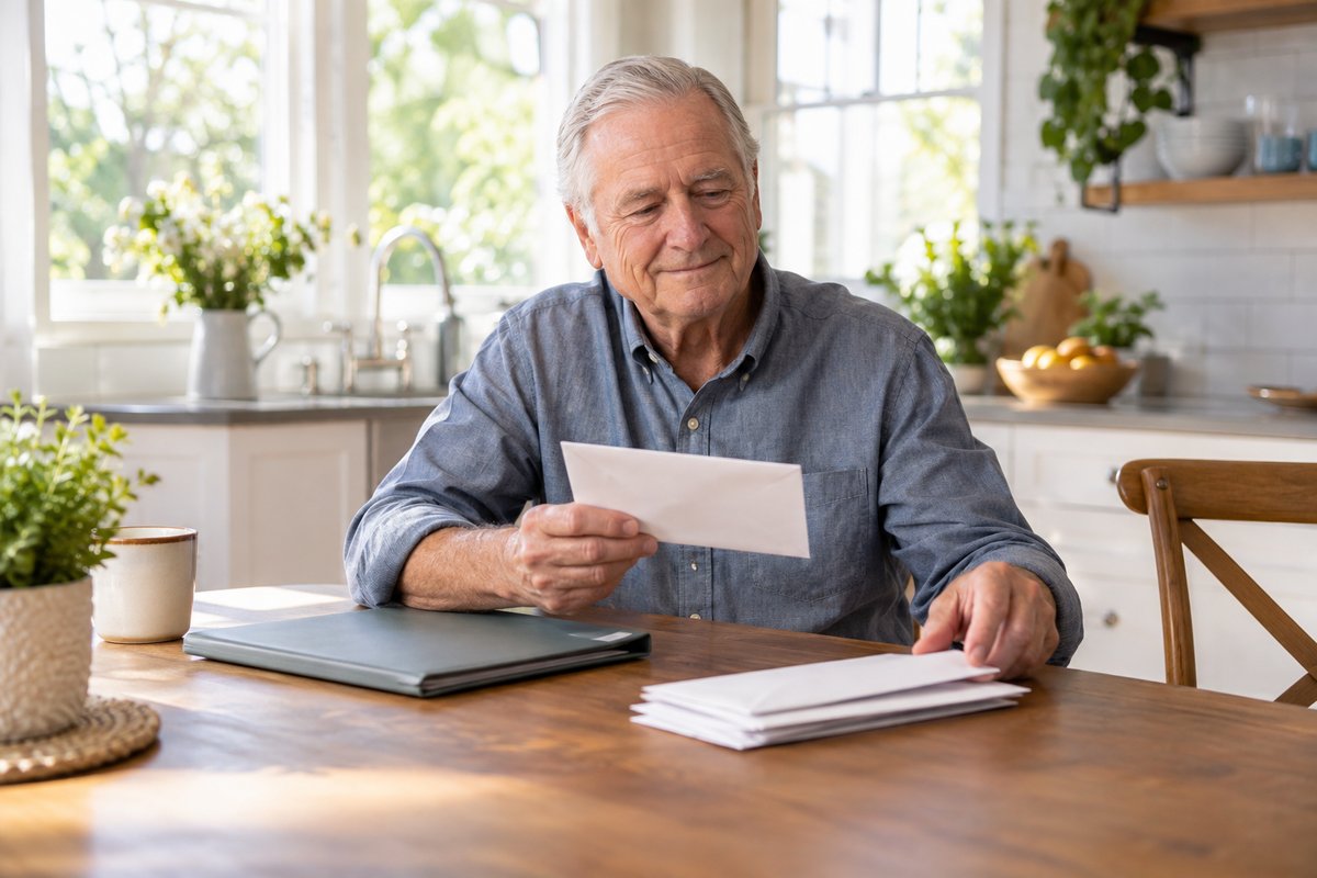 Older man checking envelopes beside a closed folder at his kitchen table