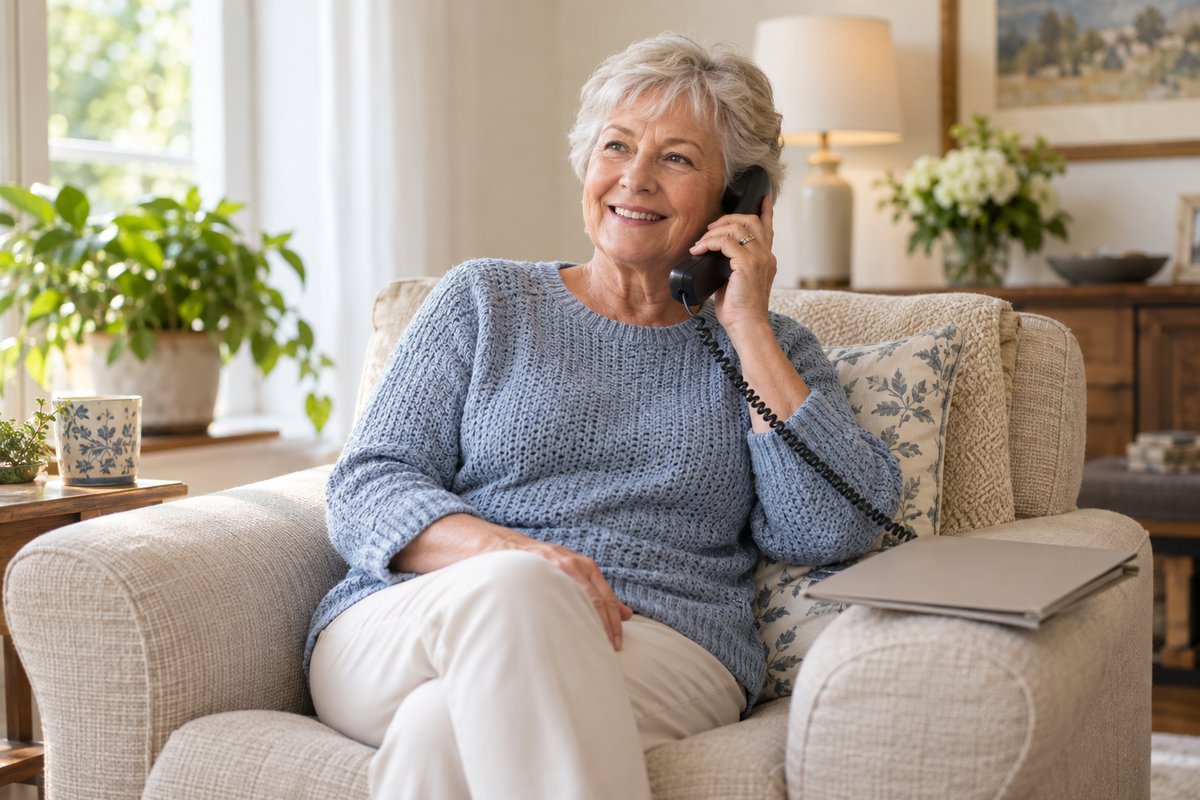 Older woman speaking on a telephone beside a closed folder in her living room