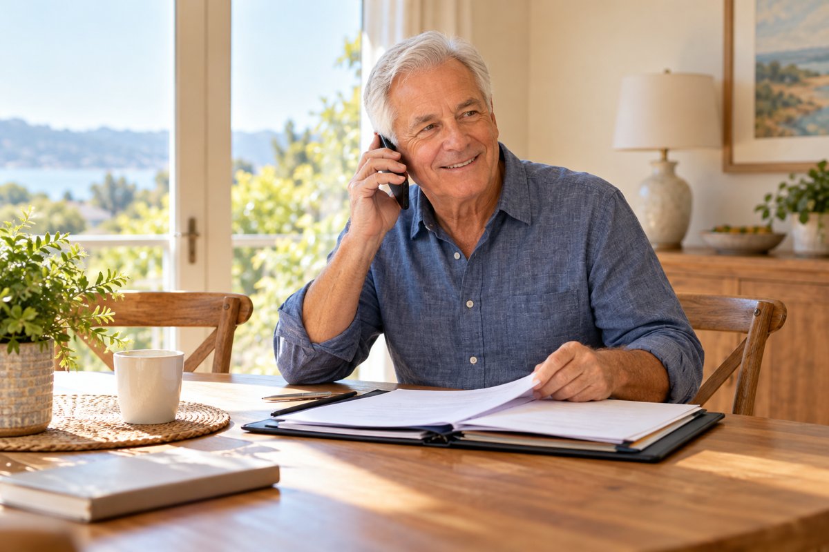 Older man asking questions by phone beside an organized folder at home