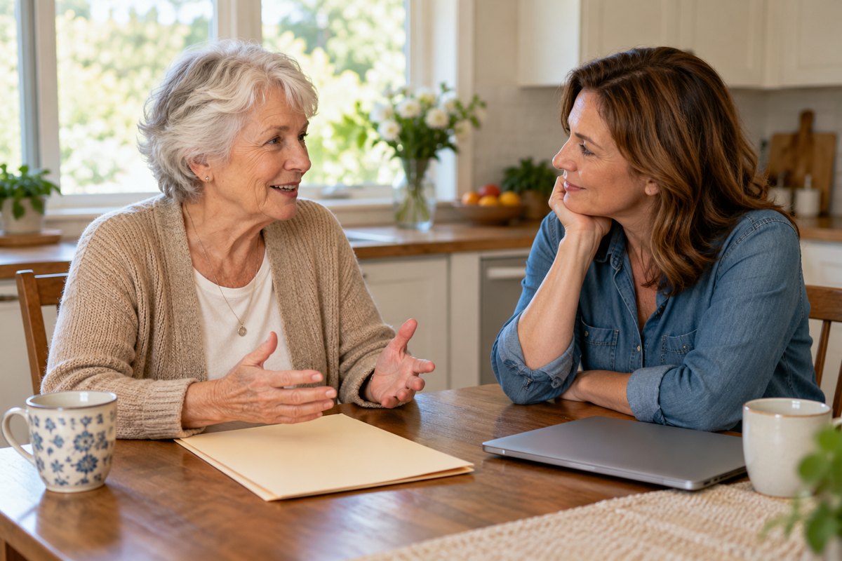 Older mother and adult daughter discussing a folder together at the kitchen table
