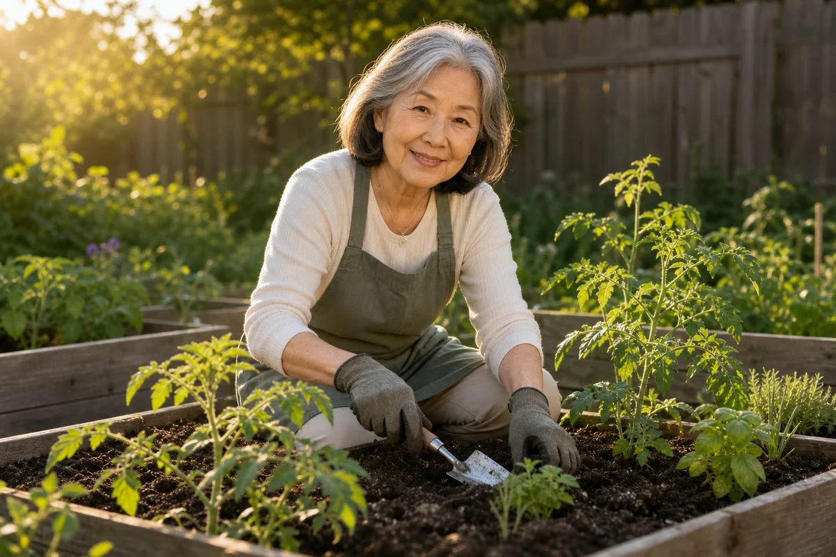 Older woman kneeling in a raised garden bed, tending young tomato plants with a trowel