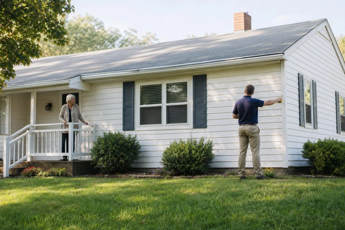 Appraiser measuring the side of a ranch house while an older homeowner watches from the porch