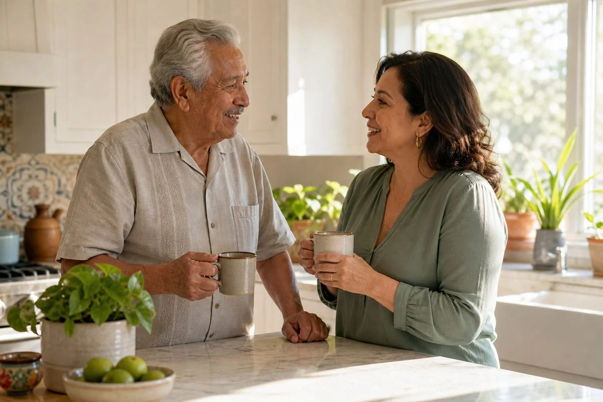 Older man and his adult daughter talking over coffee at a sunny kitchen island