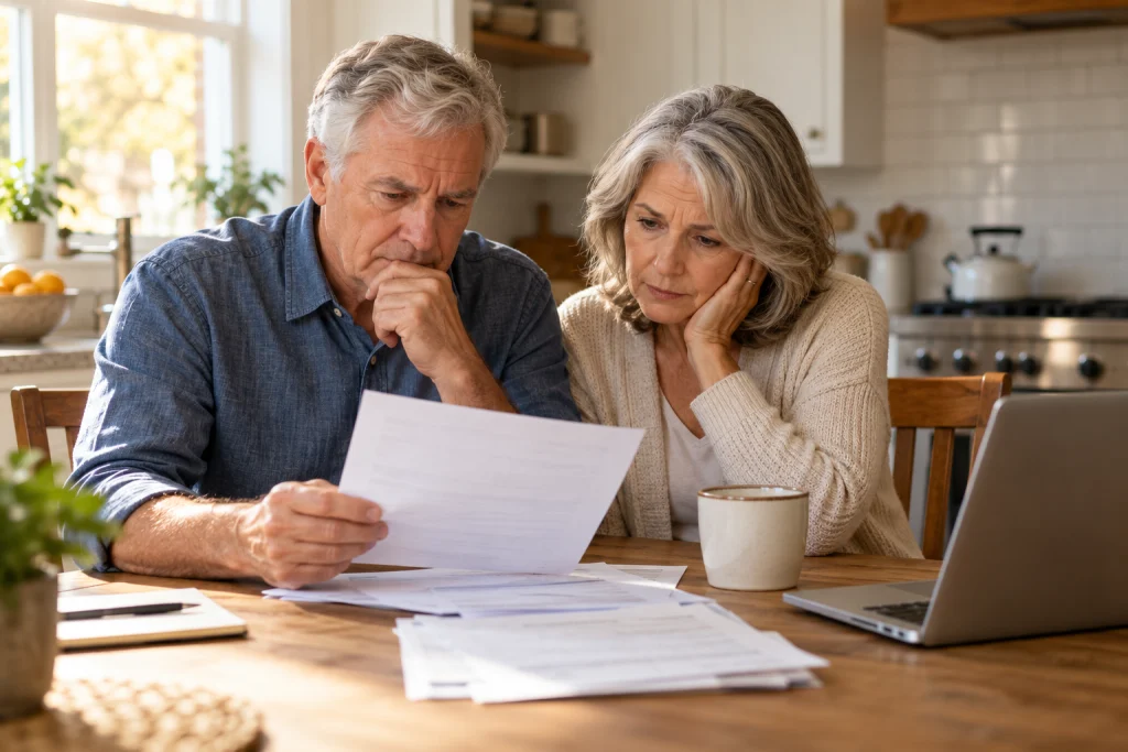 Older couple and adult daughter discussing household bills at a kitchen island