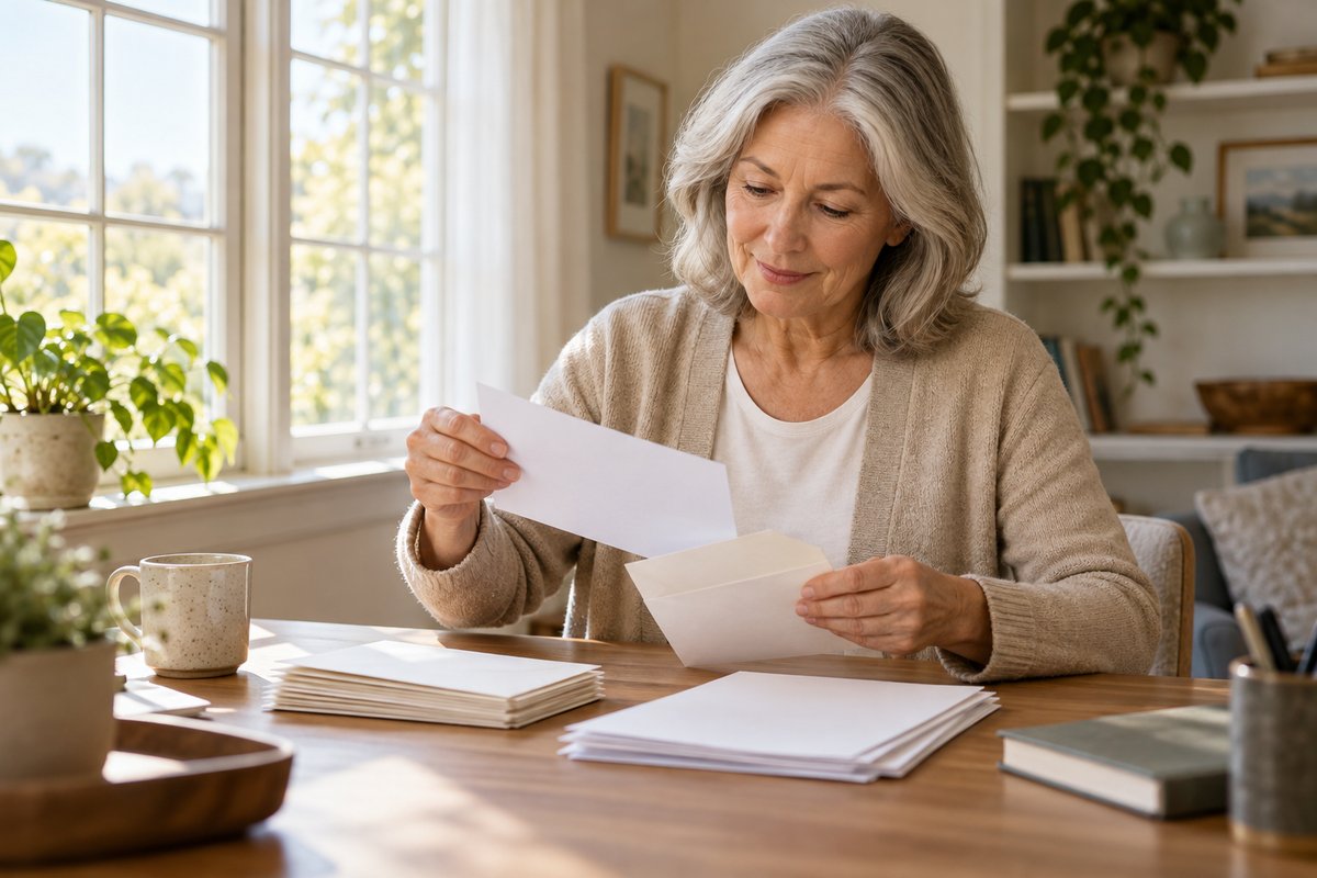 Older woman organizing plain envelopes and papers beside a sunny window