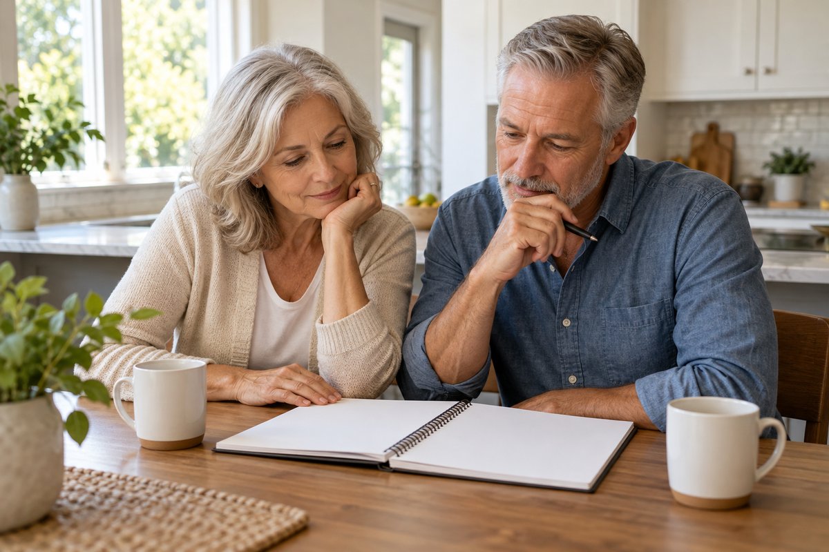 Older couple reviewing a blank notebook together at a sunny kitchen table