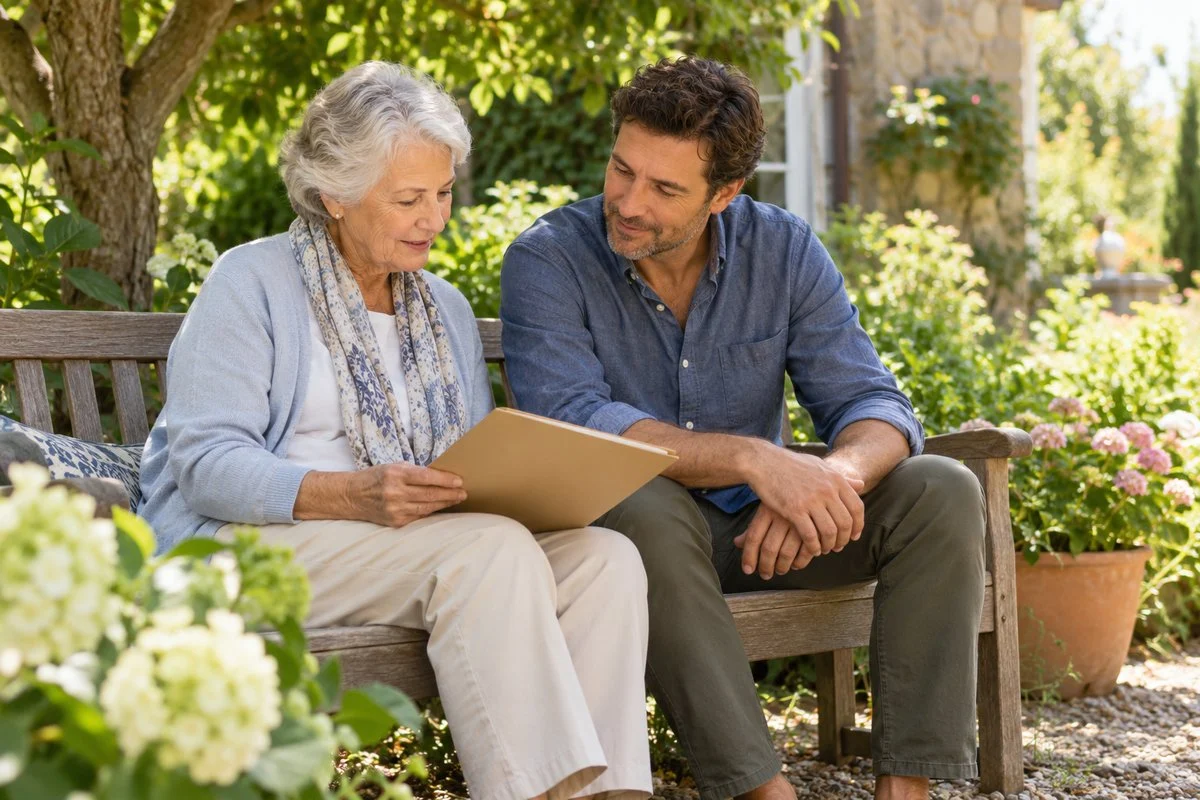 Older woman and adult son reviewing a plain folder together on a garden bench