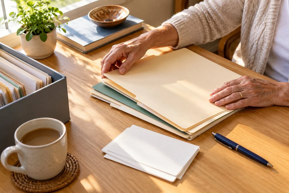Older adult hands arranging plain folders and blank note cards on a sunlit desk