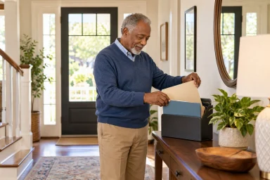 Older man sorting plain folders into a document organizer beside his home entryway