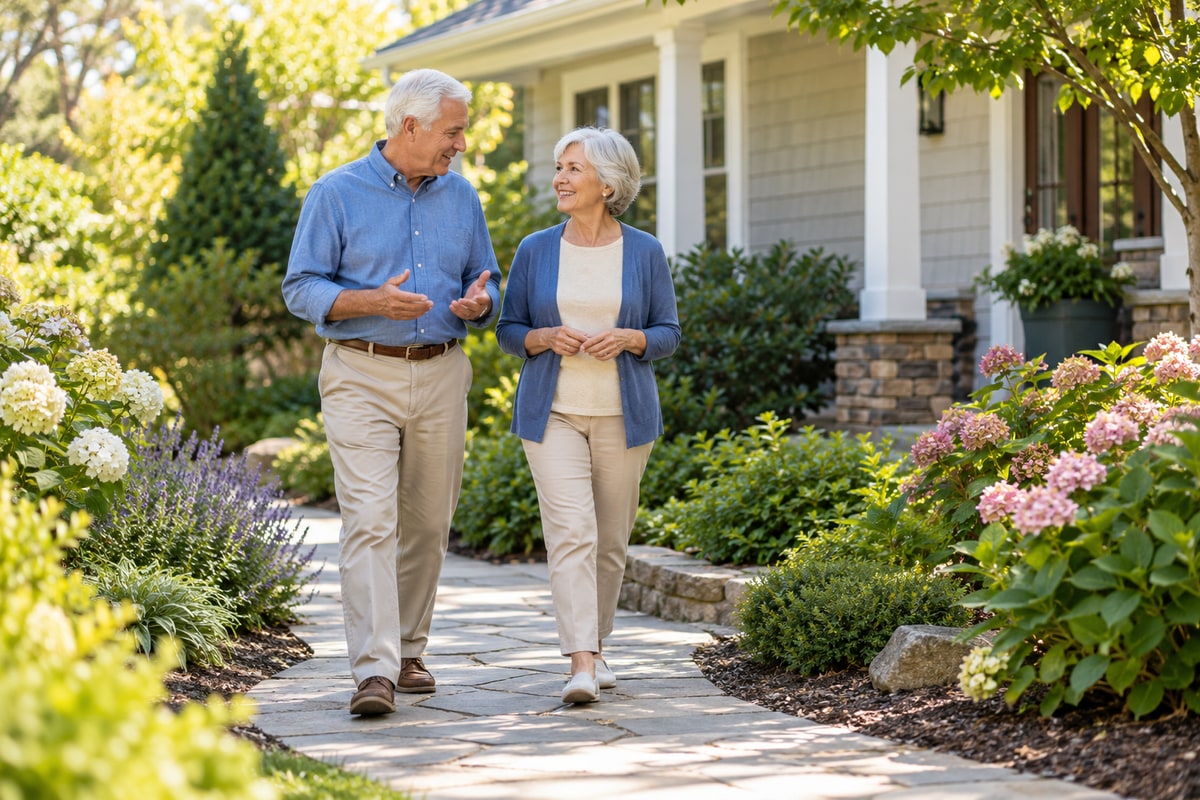 Older couple walking along a garden path while discussing their household plans
