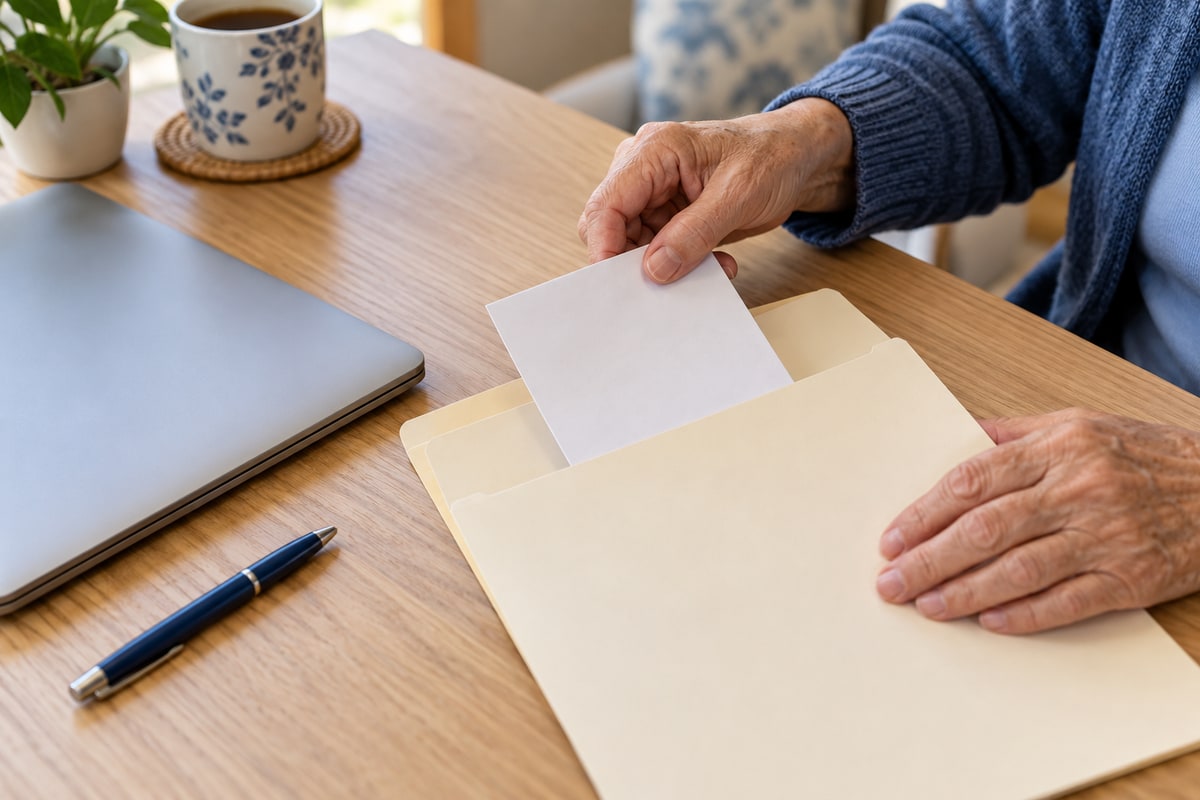 Older adult hands placing a blank sheet in a folder beside a closed laptop