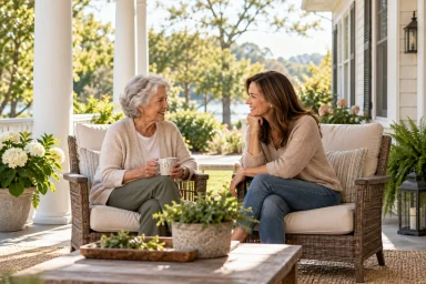 Older woman and adult daughter talking together on a bright front porch