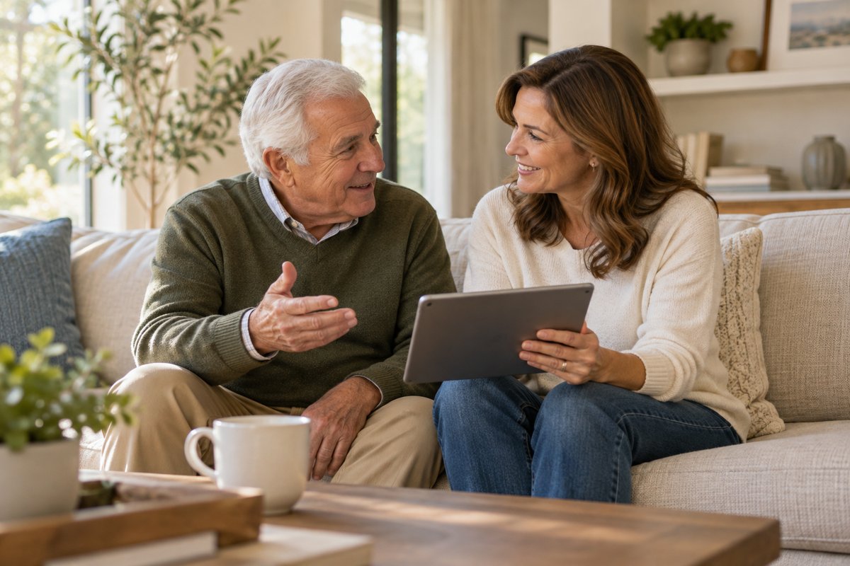 Older man and adult daughter discussing questions together in a bright living room