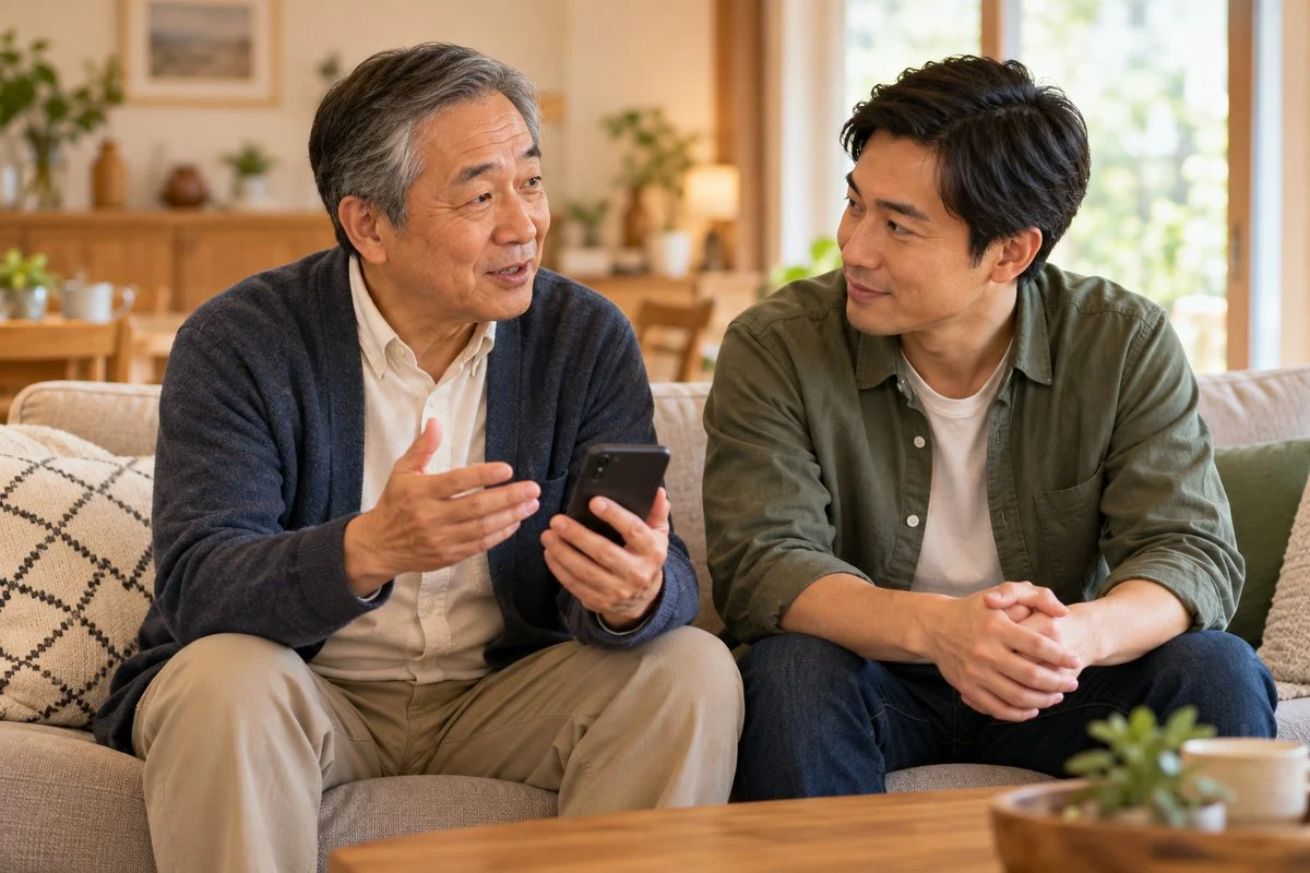 Older man holding a smartphone while his adult son listens beside him on a sofa
