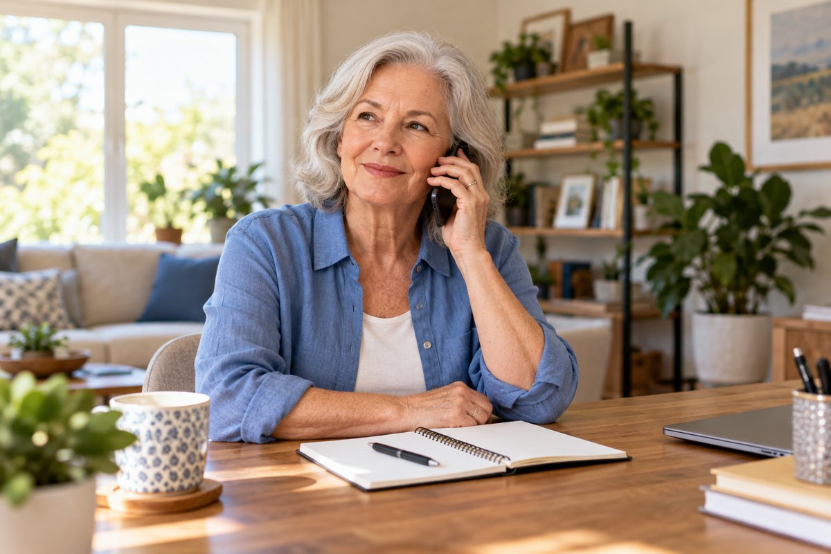 Older woman making a phone call beside a notebook at her home desk