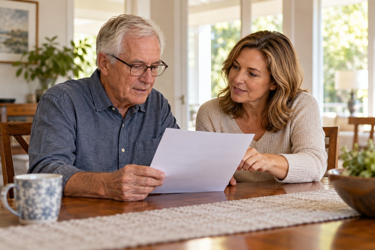 Older man and adult daughter reviewing a plain sheet together at home