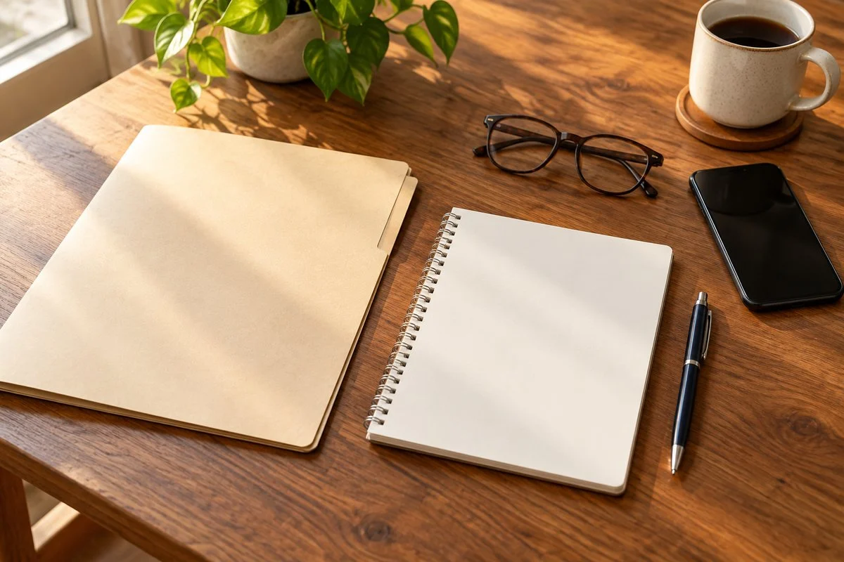 Plain folder, blank notebook, glasses and smartphone arranged on a wooden desk in sunlight