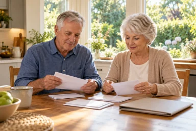 Older couple sorting plain envelopes and a folder at their sunlit kitchen table