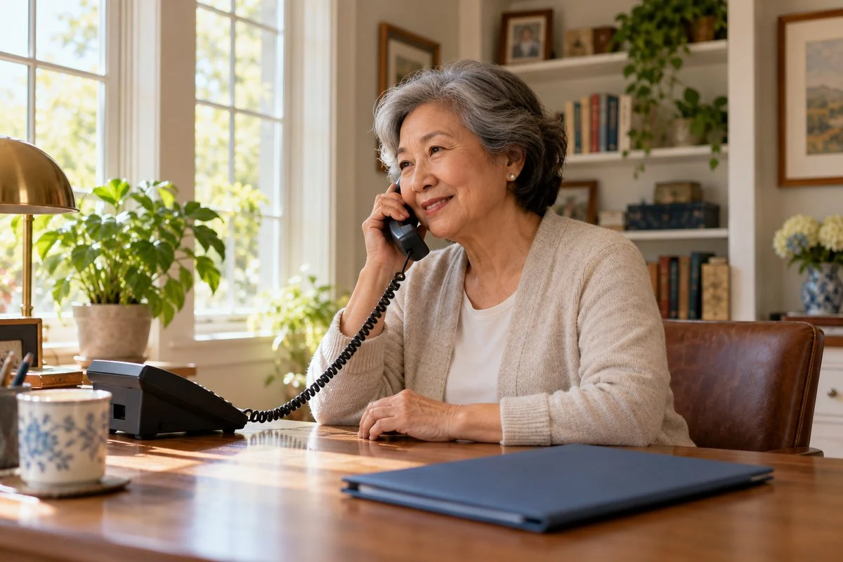 Older woman speaking on a telephone with a closed folder on her home desk