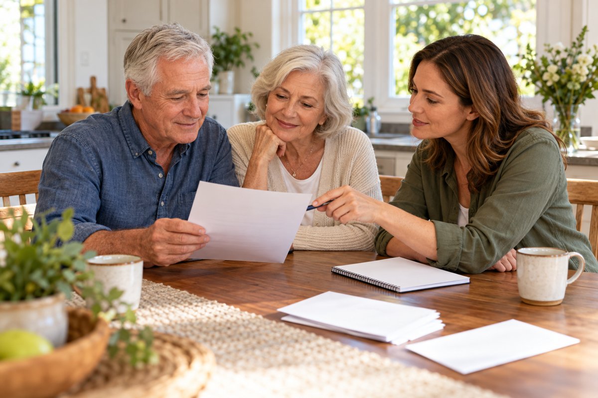 Older couple reviewing household records with an adult daughter at a kitchen table